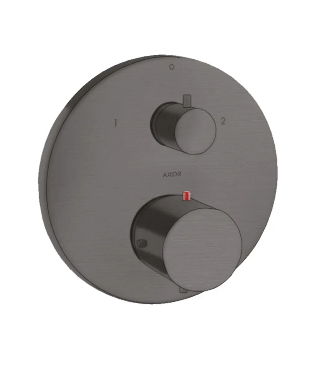 Thermostat von AXOR mit zwei Bedienelementen auf einer runden, gebürstet schwarzen Chromplatte. Ein Element hat einen roten Indikator.